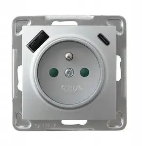 Розетка Ospel GP-1YZPUSBAC/m/18 одинарная с заземлением, шторками и зарядным USB A+C 250В 16А IP20 Серебристая