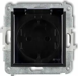Wall socket Karlik Mini 12MGPB-1sdp SCHUKO 2P+Z with grounding, splashproof cover, current-track shutters, matte black