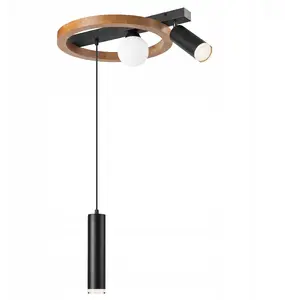 Ceiling light LAMKUR Otis 49113, oak/black finish, 2×E27 15W + 1×G9 5W sockets