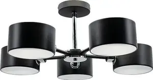 Pakaramais gaismeklis Mdeco 3020/5 BL 8C — griestu lampa, metāla korpuss, melns hroms, auduma abažūri, 5 lampas