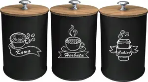 Kitchen canister set KRISBERG KS-2705 — 3 containers for coffee, tea, sugar, 15×11 cm, Polish labels