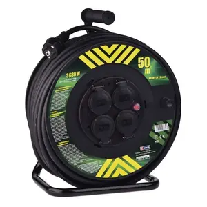 Pagarinātājs EMOS P084503 — kabelis 50 m, 4 AC kontaktligzdas, IP44, 230 V 16 A, 3680 W, melns