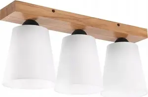 Griestu lampa LAMKUR Lula 47591 — 3‑spuldžu boho griestu lampa ar koka rāmi un auduma abažūriem, E27 max 60W, balts/koks
