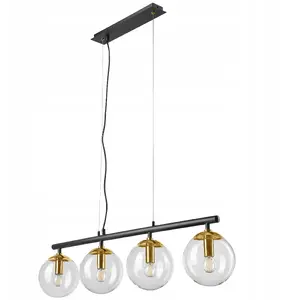 Pakaramais gaismeklis LAMKUR Eloise 47447 — lineārs 4‑lampu ar stikla bumbu abažūriem, 4×15W E14, melns/ozlājums