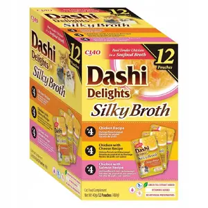 Mitrā barība kaķiem INABA Dashi Delights Silky Broth vistas un lasis, 12 x 40 g maisiņi, pilnvērtīga pieaugušajiem