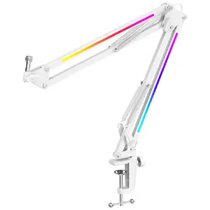 Mikrofona statīvs Fifine AmpliGame BM38 RGB balts — regulējams boom-arm ar RGB apgaismojumu