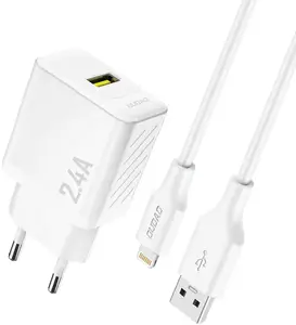 Tīkla lādētājs Dudao 2.4A GaN USB-A ar USB-A uz Lightning kabeli — balts, EU