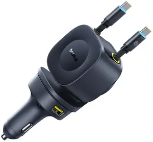 Автомобильное зарядное устройство Baseus с USB-C и USB-A, втягивающиеся кабели USB-C, 60 Вт, черное