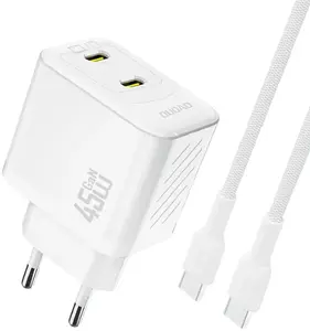 Dudao GaN PD 45W tīkla lādētājs ar 2x USB-C portiem un USB-C kabeli, balts