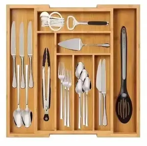 Drawer cutlery organizer insert KRISBERG KS-7746, adjustable 31.5–52 x 31 x 5 cm, brown