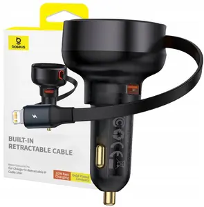 Автомобильное зарядное устройство Baseus Enjoyment Pro 55W USB-A со втягивающимся кабелем Lightning, чёрное