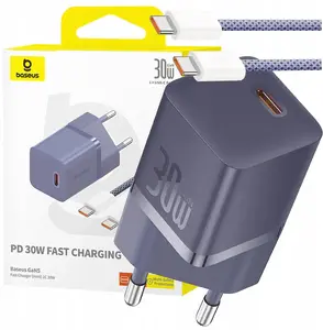 Сетевое зарядное устройство Baseus GaN5 30W USB-C (EU) с фиолетовым кабелем Baseus Dynamic 3 USB-C 100W 1м
