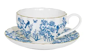 Porcelāna tase ar apakštasi EASY LIFE Paradise Garden TASE 200 ml, zils dekors, dāvanu kastē