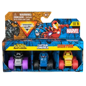 Die-Cast Mini Monster Truck 3-Pack by Spin Master — Marvel Black Panther, Captain America, Iron Man, 1:87 scale, metal/plastic set