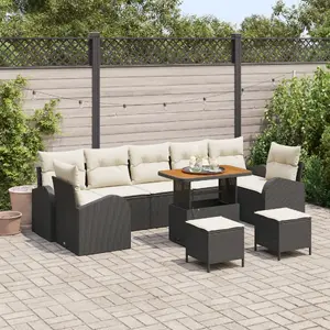 Garden sofa set VidaXL 10-piece with cushions black polyrattan and acacia – includes 2-seat storage sofa and 3-piece dining set