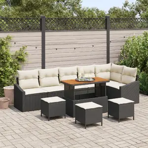 Outdoor sofa set VidaXL 9-piece with cushions, black poly rattan and acacia, includes 2-person sofa with storage and 3-piece dining set