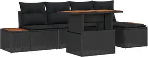 Outdoor dining set VidaXL 6-piece with cushions, black poly rattan and acacia wood