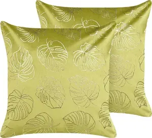 Decorative Velvet Cushion Beliani MONSTERA 45x45 cm, pack of 2, light green, leaf pattern