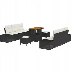Outdoor Sofa Set VidaXL 9-piece with Cushions, Black Poly Rattan and Acacia – includes 2-seater sofa and dining set