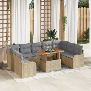 Outdoor sofa set VidaXL 10-piece rattan with beige cushions, acacia frames, includes two-seater sofa