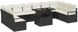 Outdoor sofa set VidaXL 11-piece with cushions black poly rattan, includes 2-seat sofa