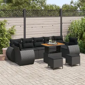 Outdoor Sofa Set VidaXL 10-piece Black Polyrattan with Cushions and 3-piece Garden Dining Set Black Polyrattan Acacia