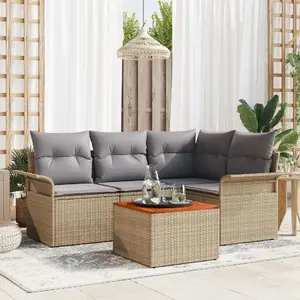Outdoor sofa set VidaXL 5-piece in beige with cushions — poly rattan frame and acacia wood accents