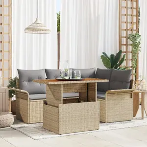 Outdoor 5-piece sofa set VidaXL model 3358065 — beige rattan with polyester cushions, includes 2-seat storage sofa