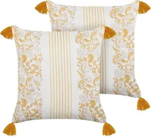 Decorative cotton cushions Beliani BILOBA 45 x 45 cm, floral pattern, yellow-white, set of 2