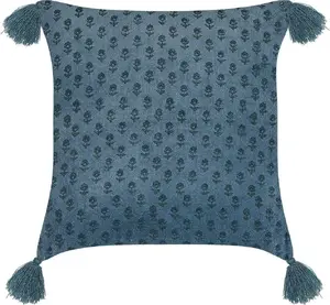 Decorative Cushion Beliani Welurowa with Tassels, Plant Motif, 45 x 45 cm, Dark Blue