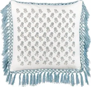 Decorative cotton cushion Beliani PALLIDA 45 x 45 cm white-blue floral with fringes