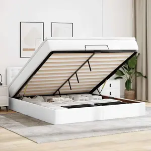 Кровать с оттоманой и LED VidaXL 160x200 см, белая искусственная кожа, с матрасами
