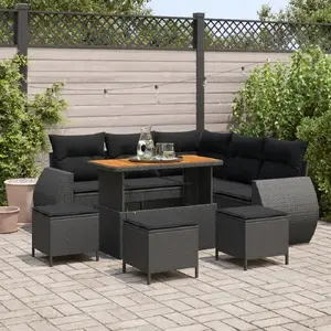 Outdoor sofa set VidaXL 9-piece black poly rattan with cushions, acacia frames