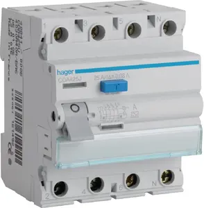 Дифференциальный автомат Hager CDA425J — 25 A, 4‑полюсный (4M), 30 mA, тип A, 6 kA