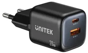 Wall charger Unitek P1128ABK01-EU — 2-port GaN USB‑C & USB‑A, total 20W, black