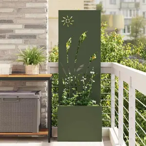 Flower planter VidaXL model 876430 with decorative panel, olive color, 50 x 140 cm