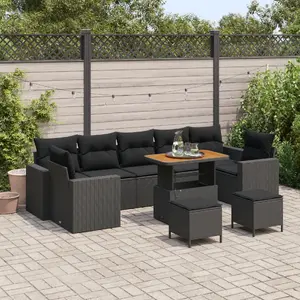 Garden sofa set and dining set VidaXL — 10-piece sofa set with cushions (black polyrattan, acacia) + 3-piece dining set with cushions