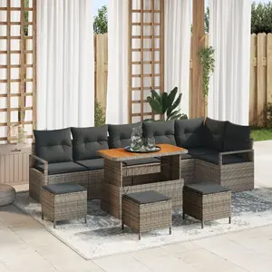 Outdoor Sofa Set VidaXL 9-piece Gray PE Rattan with Cushions and Storage, 2‑seat Garden Sofa and 3‑piece Dining Set