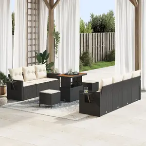 Outdoor sofa set by VidaXL — 10-piece black polyrattan with cushions; 3-piece table set black polyrattan acacia