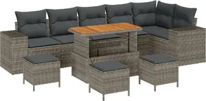 Outdoor Sofa Set VidaXL 10-piece with Cushions, Grey Polyrattan and Acacia Wood