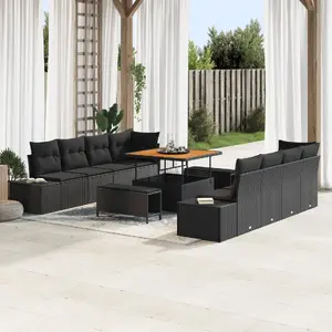 Outdoor rattan seating set VidaXL — 11-piece black poly rattan with cushions, includes 2-seat storage sofa and 3-piece dining set
