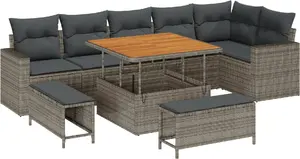 Outdoor sofa set VidaXL 9-piece with cushions, grey polyrattan and acacia wood