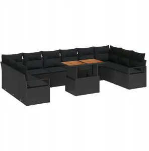 Outdoor Sofa Set VidaXL 11-piece Black Polyrattan with Cushions, 2-seat Garden Sofa Black Polyrattan