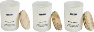 Scented Soy Wax Candle Set Beliani SIMPLICITY — White Amber, White Tea, White Jasmine