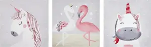 Canvas wall art set Beliani TIMIA — 3 panels 30×30 cm, animal motif, grey-pink
