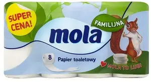 Tualetes papīrs Mola Familijna 8 ruļļi — balts, mājas iepakojums