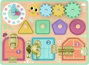 Игровая панель Tooky Toy TJ473N — деревянная манипулятивная доска с зубчатыми колесами, замками, сортёром и часами