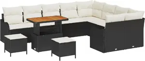 Outdoor dining set VidaXL 12-piece with cushions, black poly rattan and acacia