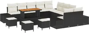 Outdoor sofa set VidaXL 14-piece with cushions, black poly rattan and acacia, includes 2-seat sofa and 4-piece dining set