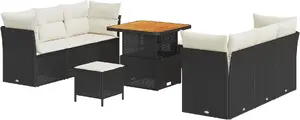 Outdoor sofa set VidaXL 9-piece with cushions, black rattan and acacia; Outdoor dining set VidaXL 3-piece with cushions, black rattan and acacia